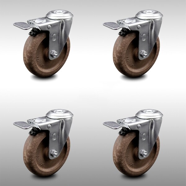 4 Inch SS High Temp Glass Filled Nylon Bolt Hole Caster Set with Lock Brake SCC